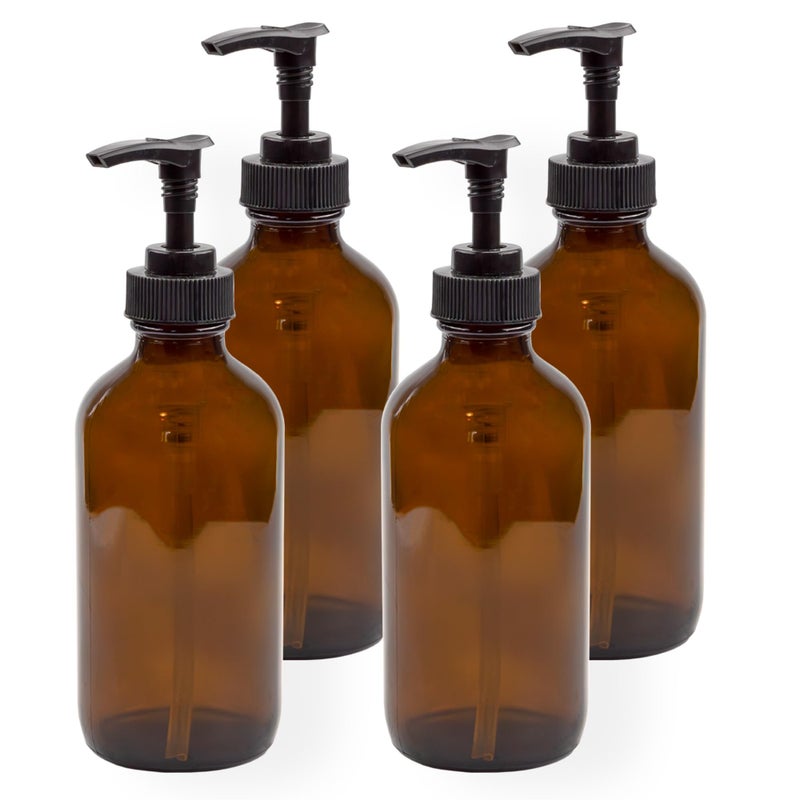 Cornucopia Brands 8oz Glass Pump Bottles (Pack of 4, Amber Brown) Lotion Soap Dispensers w/Black Plastic Pumps - Image 1